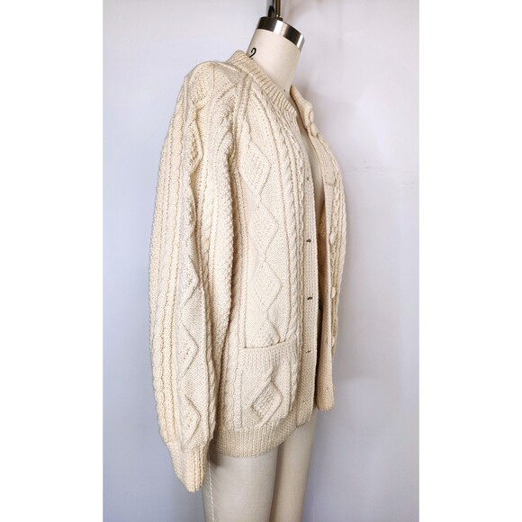 Chunky Cable Hand Knitted WOOL Sweater Cardigan w/Pockets Fisherman Ireland XS S - Picture 4 of 10